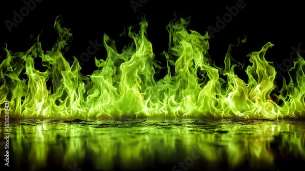 Obraz Sizzling green flames dance against a dark backdrop, creating a striking visual display of fire and vibrant color in an artistic arrangement