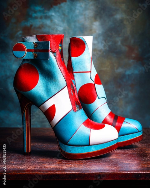 Fototapeta  Experimental art deco shoes with dadaist geometric elements in contrasting red and turquoise hues, bold and surreal