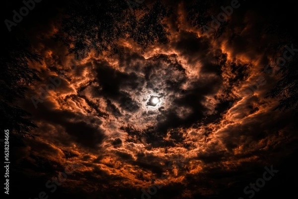 Fototapeta Fiery, ominous clouds encircle a pale moon