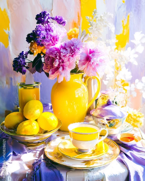 Fototapeta Tea ceremony table with dadaist and art deco style, bright abstract accents in yellow and violet, surreal and elegant