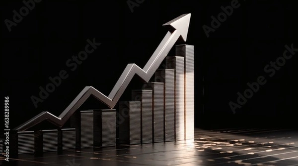 Fototapeta Metallic 3d bar chart with upward trend arrow symbolizing financial growth and success against a dark background