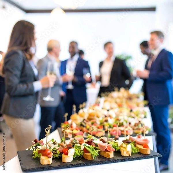 Fototapeta Elegant cocktail reception with canap?s and blurred background of diverse guests