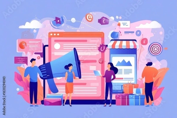 Fototapeta Marketing Illustration Digital campaign with website mobile shop and megaphone featuring 4 people