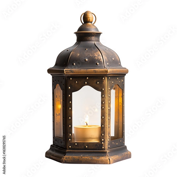 Fototapeta Elegant castle-shaped glass candle holder hanging and glowing softly on transparent png background. Ai generated