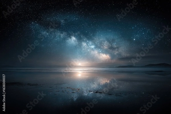 Obraz Milky Way over calm lake reflecting sunrise