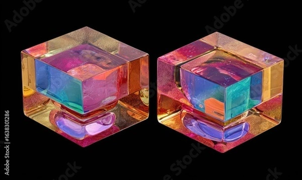 Fototapeta Two iridescent cubes on a black background