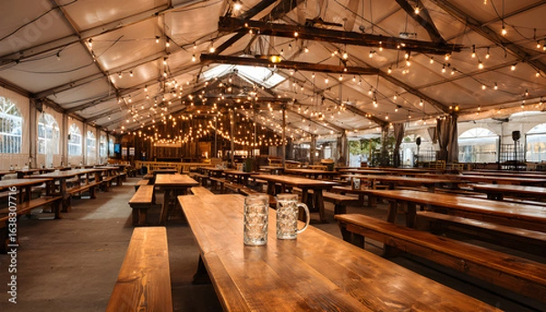 Fototapeta Beer tent with long wooden tables and string lights in evening  