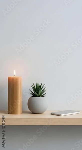 Fototapeta Minimalist Home Decor with Candle Succulent and Smartphone on Shelf
