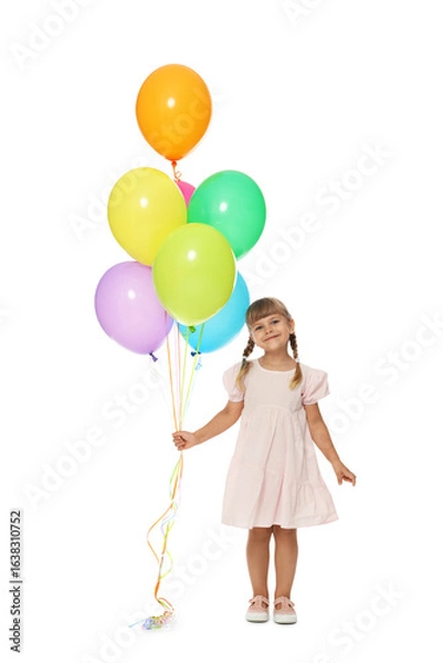 Obraz Cute little girl in dress with bunch of colorful balloons on white background