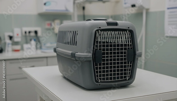 Fototapeta Cat carrier on exam table in veterinary clinic environment  