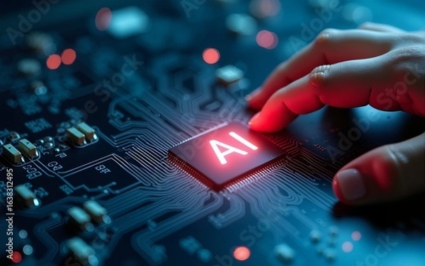 Fototapeta AI generative artificial intelligence and machine learning technology. Man touching AI icon in Semiconductor on electronic circuit board. High quality
