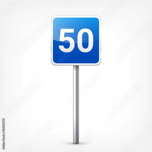 Fototapeta Road blue signs collection isolated on white background. Road traffic control.Lane usage.Stop and yield. Regulatory signs. Curves and turns.