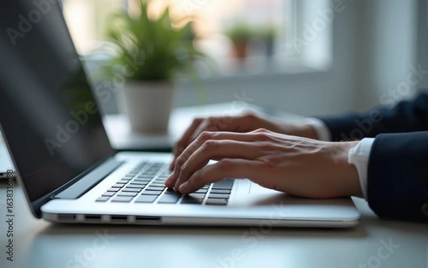 Fototapeta Closeup of Hands typing on laptop computer keyboard. Businessman working at desk in office. Using technologies in business. High quality