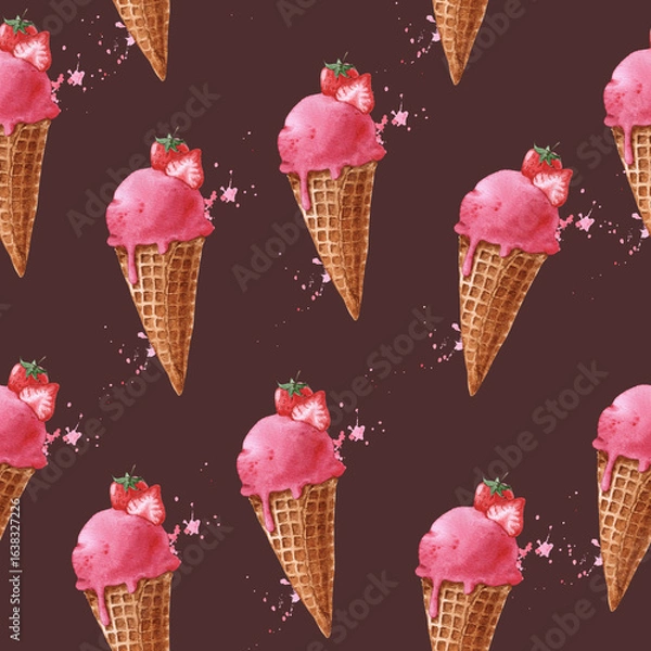Fototapeta Seamless background with strawberry ice cream cones with berries and sprinkles textured painted watercolor on brown red chocolate handmade