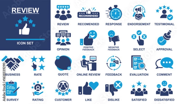Fototapeta Blue Flat Customer Feedback and Review Icon Set
