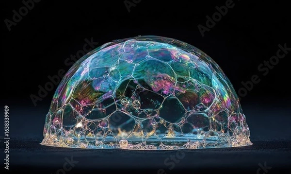 Fototapeta A vibrant, colorful soap bubble dome on a dark background