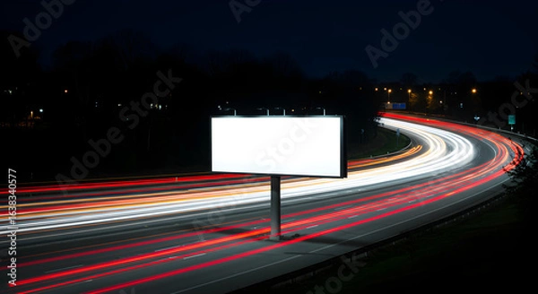 Fototapeta A blank white billboard for advertising stands next to a busy highway at night with long exposure light trails.