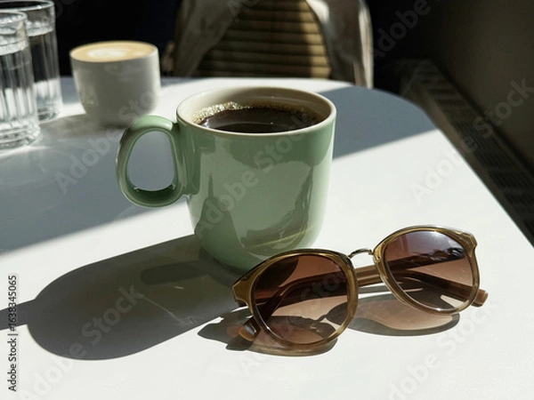Fototapeta Cup of coffee and sunglasses on a white table. Casual cafe meetup concept. Handheld mobile photo, selective focus, harsh sunlight, non AI
