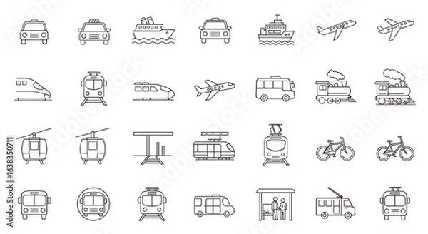 Fototapeta A collection of clean, modern line art icons representing various modes of transportation, perfect for digital use and design projects.