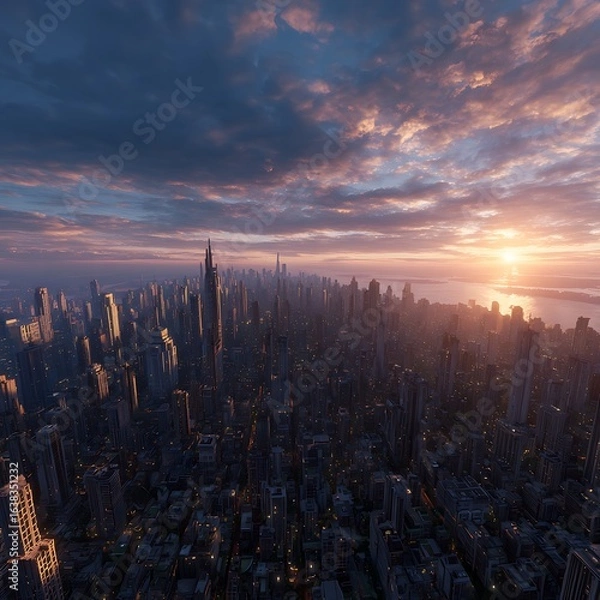 Fototapeta Drone View of City at Sunrise	