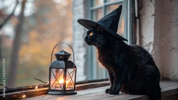 Fototapeta Halloween Witch Cat Decor Concept A black cat in a witch hat sits by a window, illuminated by a lantern's warm glow.