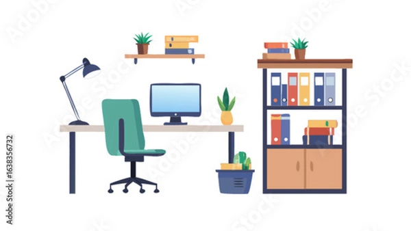 Fototapeta Illustration of a tidy workspace with desk, chair, computer, lamp, and bookshelf in a bright office