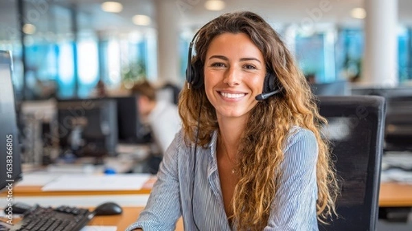 Fototapeta smiling mid woman working as customer support operator with headset in a call center portrait of happy sales agent sitting at desk and looking at camera customer care support service representative n