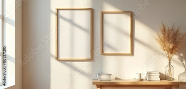 Fototapeta Minimalist interior with natural light streaming through window, casting shadows on wall. Features wooden table with stack of books, cup of coffee, vase holding dried pampas grass. Two empty wooden
