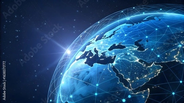 Fototapeta Digital network connecting the earth in space with glowing lights and stars