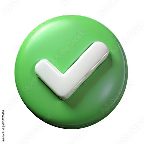 Fototapeta Round Green 3D Plastic Checkmark Icon with White Beveled Symbol on Transparent Background