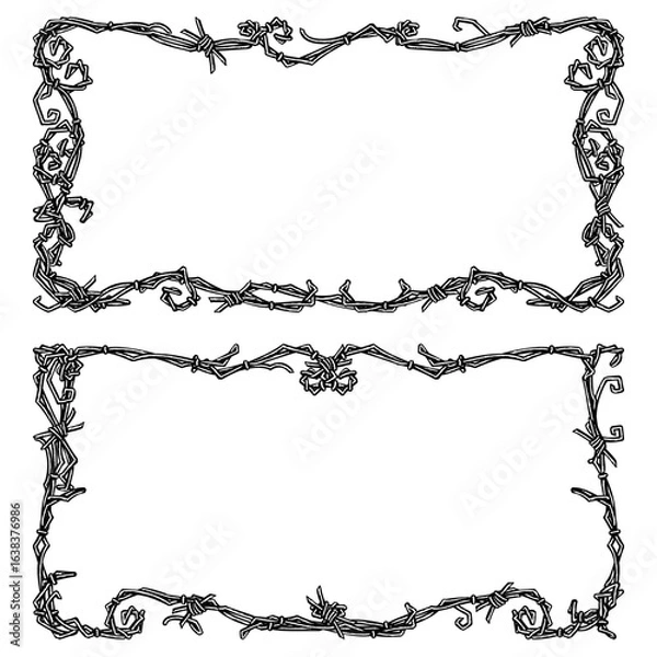 Obraz Two decorative rectangular frames made from intricate barbed wire designs, featuring twists, knots, and curled wire details, creating an edgy yet artistic border style perfect for posters, invitations