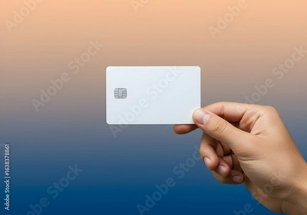 Fototapeta Hand Holding a Blank White Credit Card with Chip on a Neon Gradient Background