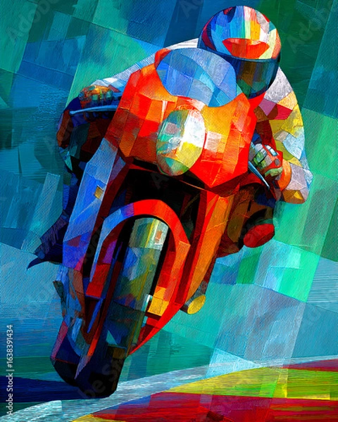 Fototapeta Hypnagogic motorcyclist on modern sport bike with cubist segments and fauvist palette, purple and yellow shades, sense of speed and motion