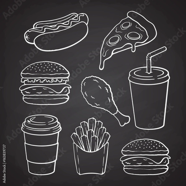 Fototapeta Hand drawn doodles of hamburger, hot dog, pizza, cheeseburger, deep-fried chicken leg, french fries, paper cup with soda, coffee. Vector illustration set. Fast food collection for menus, showcases