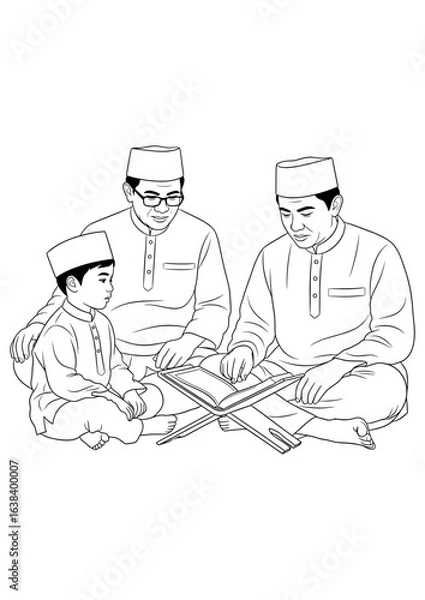 Fototapeta A family scene with a boy, father, and grandfather reciting the Quran together.
