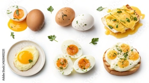 Fototapeta different cooked egg on white