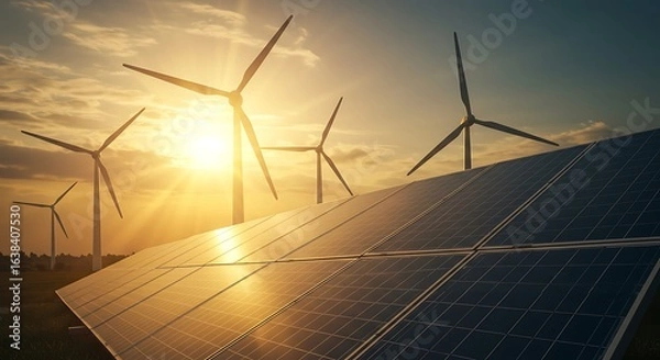 Obraz Renewable Energy – Solar Panels and Wind Turbines in the Sunset