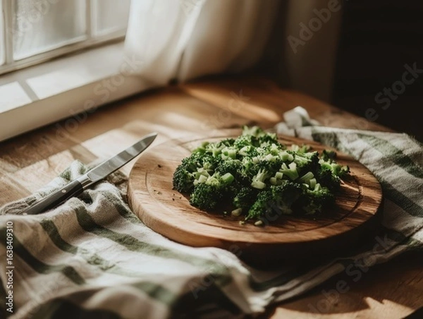 Fototapeta A broccoli laid on the wooden plate.