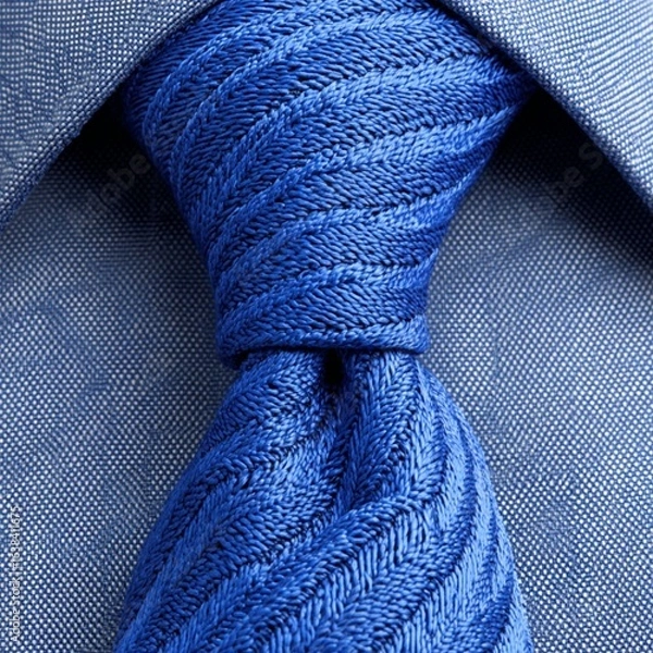 Fototapeta Macro knot of a light blue tie with a diplomatic line and a blue shirt