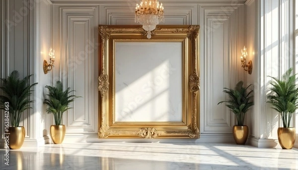 Fototapeta Luxurious empty room with ornate golden frame on marble wall, elegant chandeliers, decorative plants. Sophisticated ambience with polished marble floor, detailed wall paneling. Offers upscale
