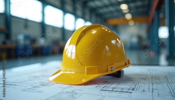 Fototapeta Yellow hard hat rests on construction blueprints inside modern factory. Protective headgear signifies safety, planning in industrial engineering, manufacturing workplace. Sharpened focus on safety