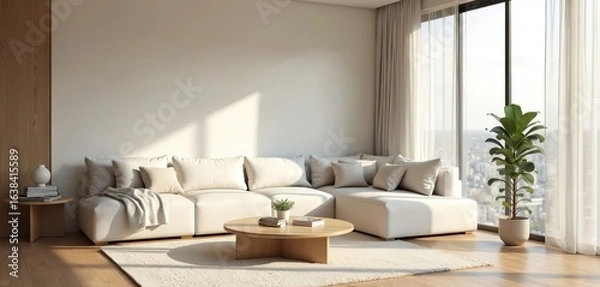 Fototapeta Modern living room with plush white sectional sofa, light cream rug. Minimalist decor includes wooden coffee table, throws, plant. Natural light streams through large window with sheer curtains,