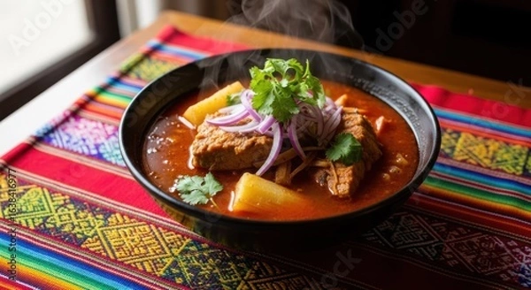 Fototapeta Spicy stew in a bowl, steaming hot, on a vibrant tablecloth