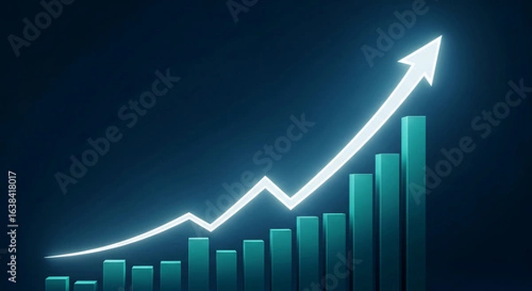 Fototapeta Teal bars graph rising with glowing white arrow, symbolizing growth, progress, and success in business, ideal for presentations or reports