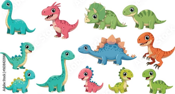 Fototapeta Cartoon dinosaurs set, colorful prehistoric animals, kids dinosaur illustrations, playful dino characters, educational vector, dinosaur species, cute jurassic art, children’s design
