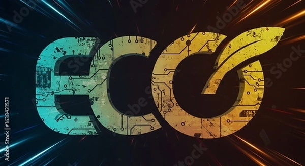 Fototapeta Retro worn-out eco energy logo combined with glowing animated circuit board patterns, lenticular color-shifting gradients, and dramatic dynamic light rays