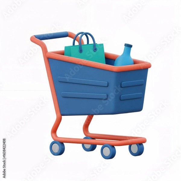 Fototapeta 3D Shopping Cart with Bag and Bottle Icon