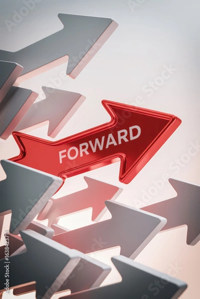Fototapeta Dynamic Red Arrow Pointing Forward Amidst Gray Directional Arrows in a Modern Gradient Setting