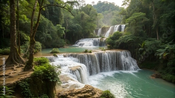 Fototapeta A scenic view of a tiered waterfall cascading through a lush green forest on a bright sunny day
