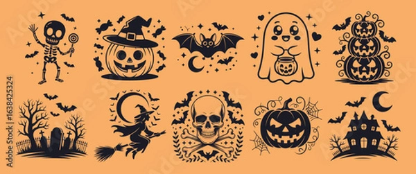 Fototapeta A Collection of Whimsical Halloween Icons with Pumpkins, Ghosts, Skeletons, and More, Presented in Black Silhouettes Against an Orange Background